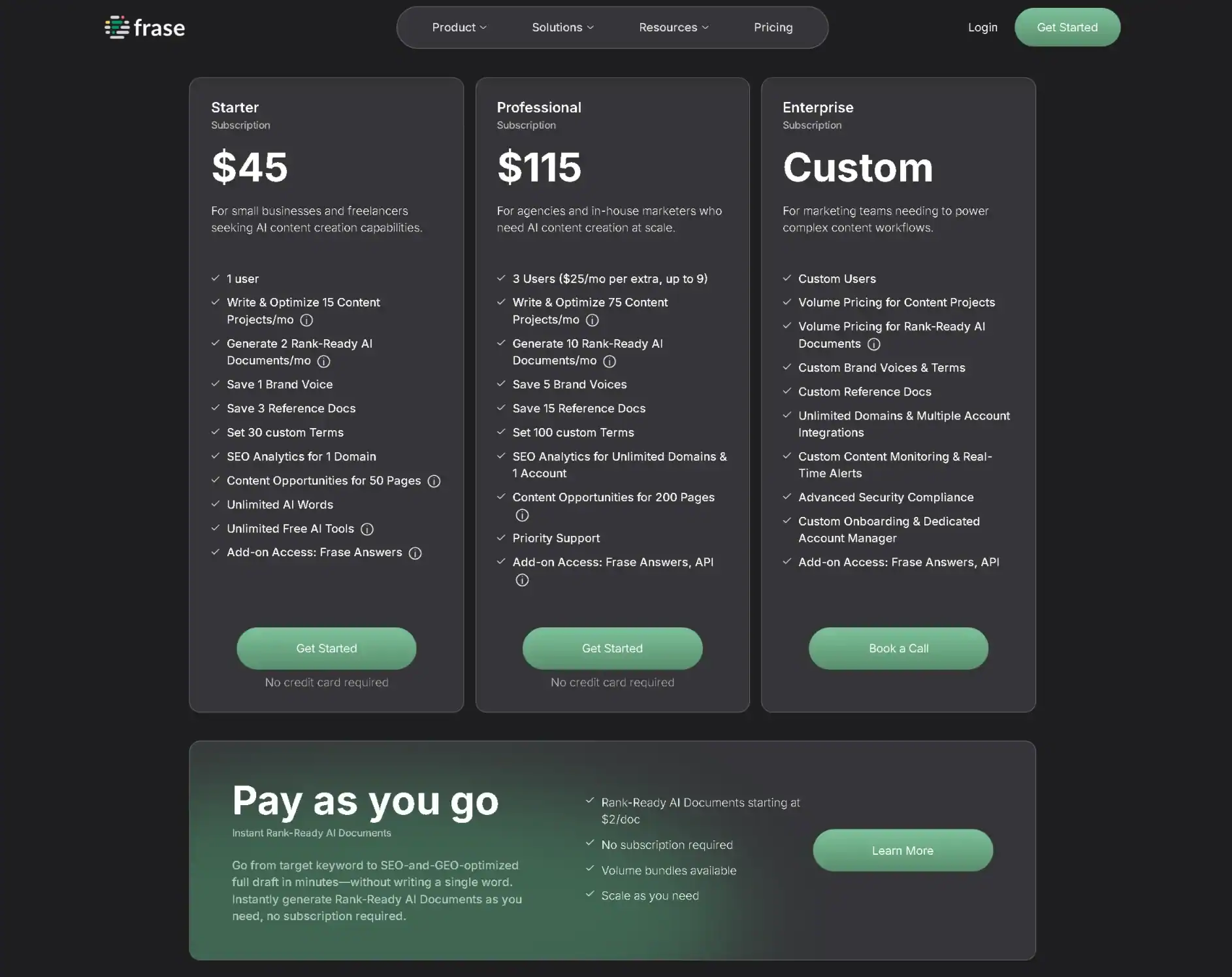 Frase pricing plans: Starter, Professional, Enterprise. Compare features and costs.